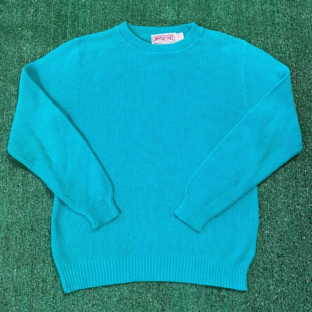 Vintage 80s American Eagle For Her Turquoise Cotton Sweater Womens M